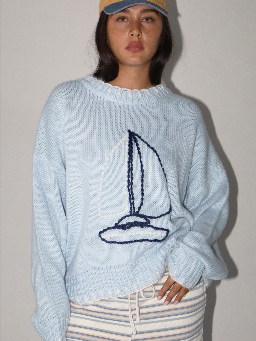 ⛵️Bailey Rose Light Blue Sailboat Stitching Sweater S